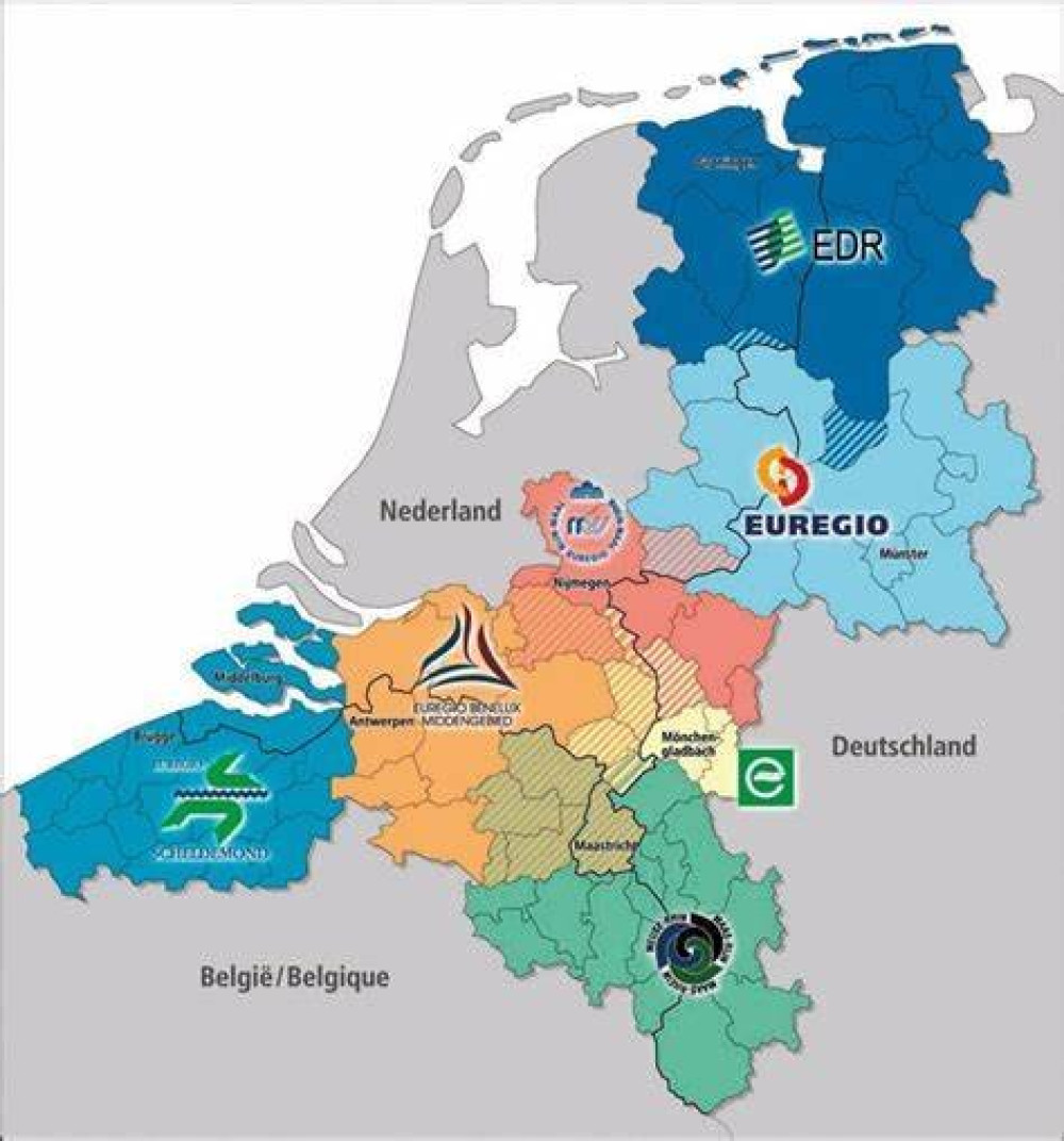 Kaart van Nederland met Euro Regios afgebeeld